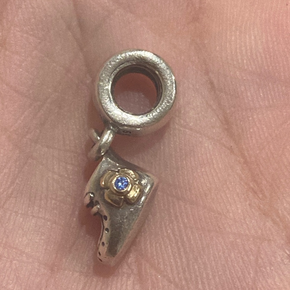 Pandora Silver and Gold Baby Bootie Charm with Blue Accent
